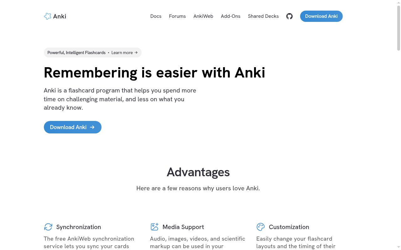 Anki homepage showing the free spaced repetition flashcard app