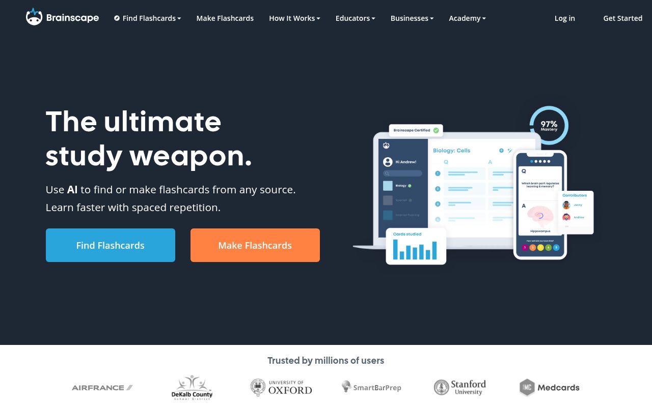 Brainscape homepage showing its adaptive flashcard study app